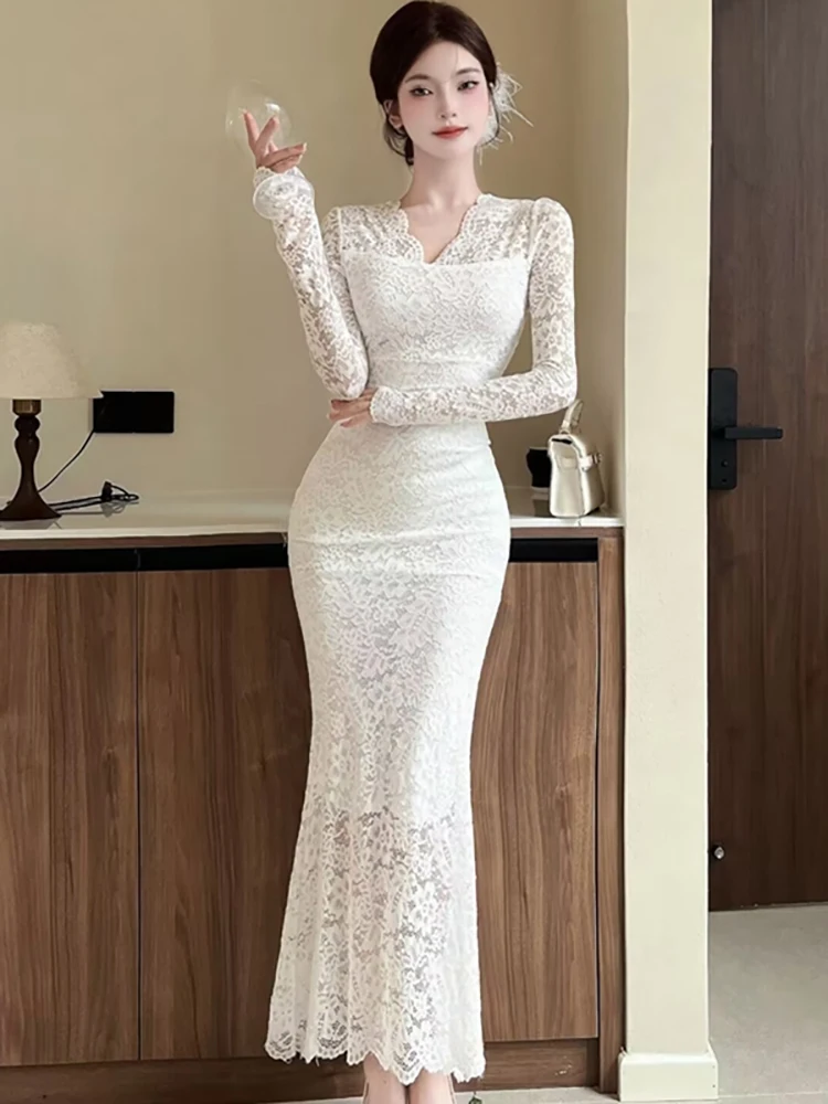 Feminino coreano vintage luxo bodycon vestido longo primavera outono branco renda jacquard vestido 2025 elegante chique babados vestidos de noite