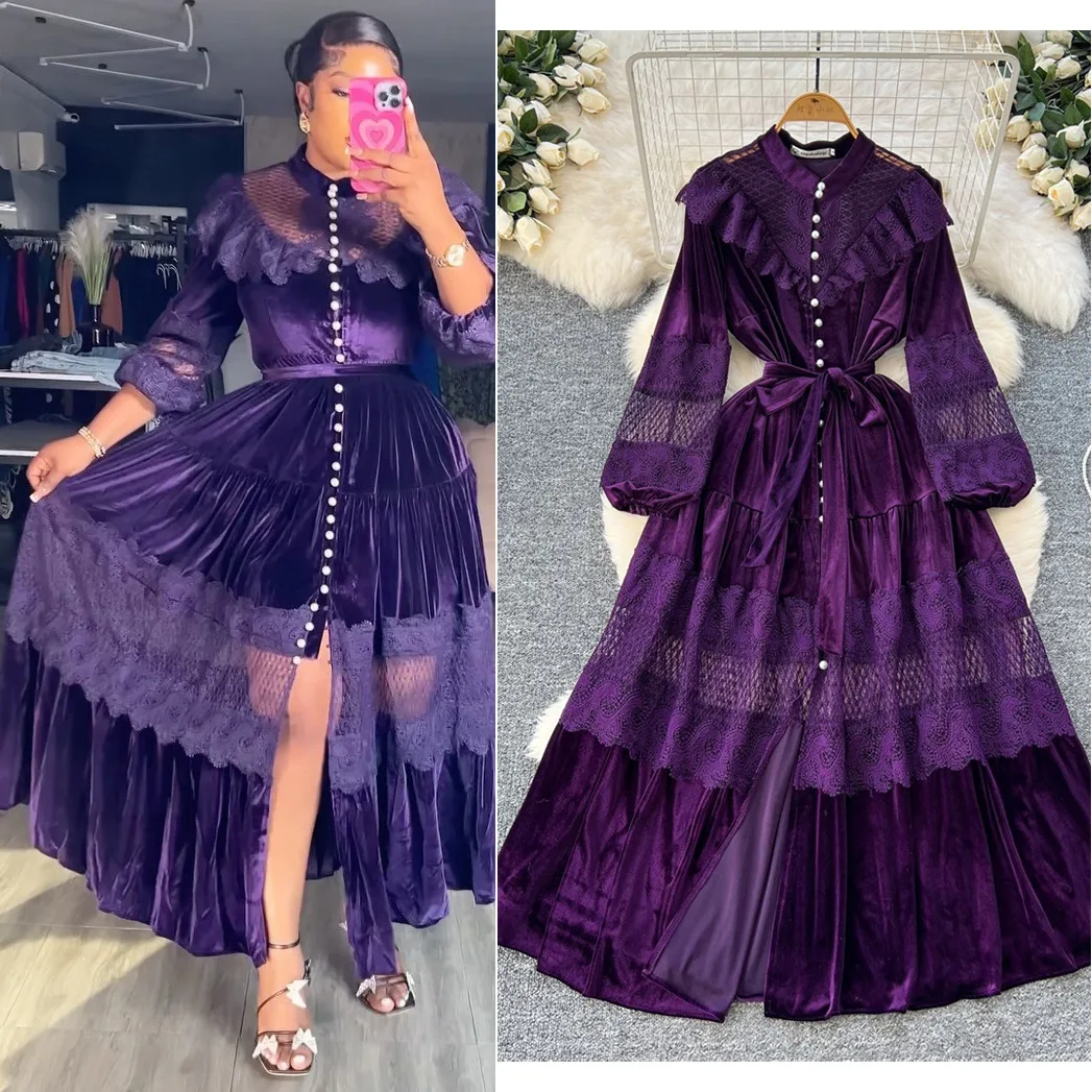 

Long Dress Women Vintage Dresses Pearl Single Stand Collar Breasted A Line High Waist Streetwear Elegant Y2k Party Vestidos