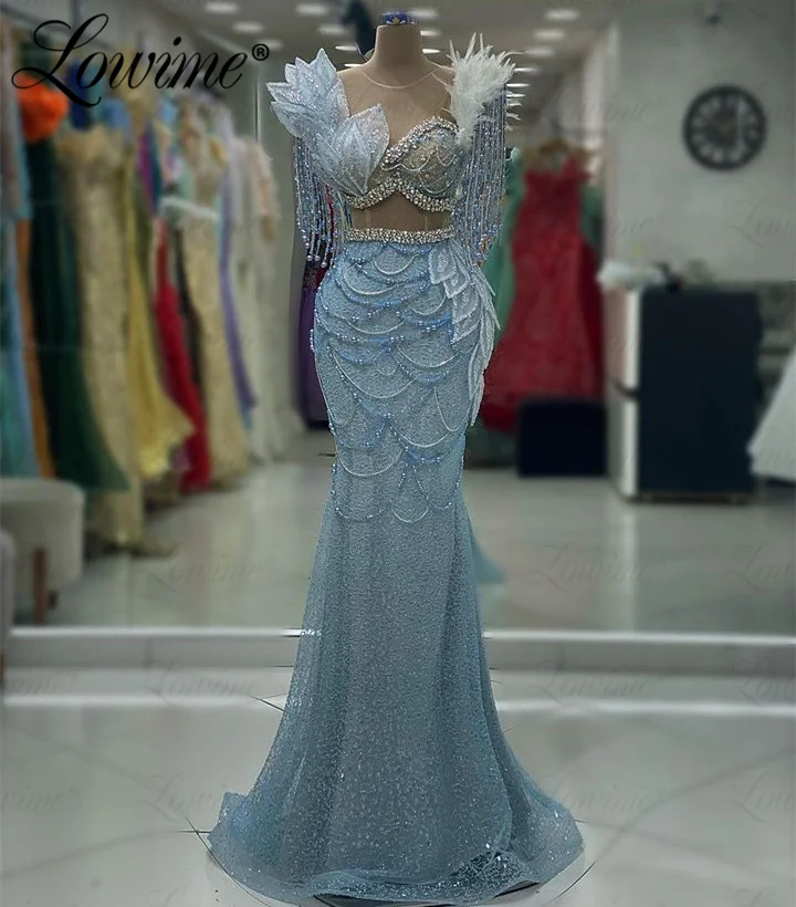 Luxury Sky Blue Party Dress Beaded Crystal Tassel Wedding Evening Dress 2023 Mermaid Long Celebrity Prom Dress Vestido De Fiesta