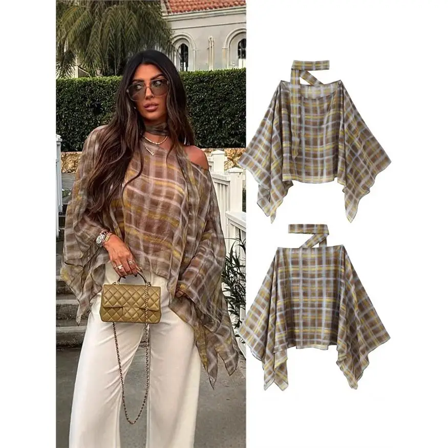 

Women's Spring Autumn Plaid Scarf Cloak Shirt Polyester Fiber Waist-Cinching A-Line Sleeve Print Design Non-Stretchy