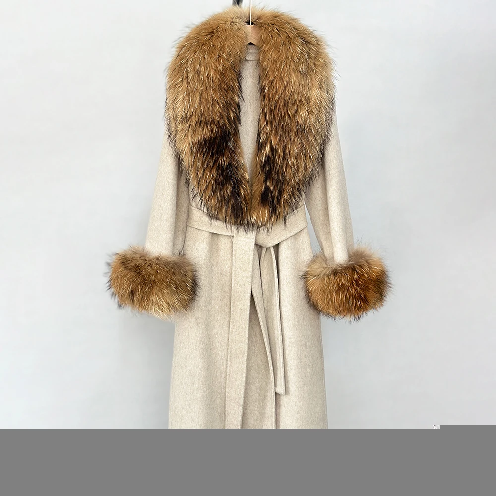 جديد مزيج الصوف معطف المرأة أنيقة الدافئة ريال فوكس الفراء طوق الشتاء معطف الصوف الإناث الوجهين سترة الكشمير #5