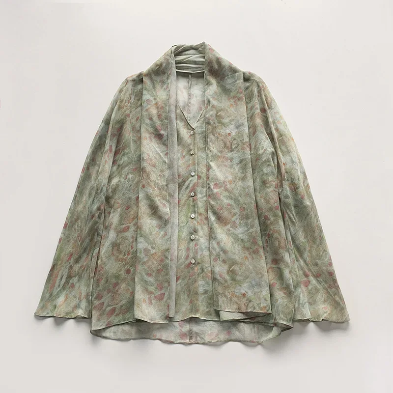 

High Quality Real Silk Fabric Women's Clothing Niche Thin Printed Shirt Women