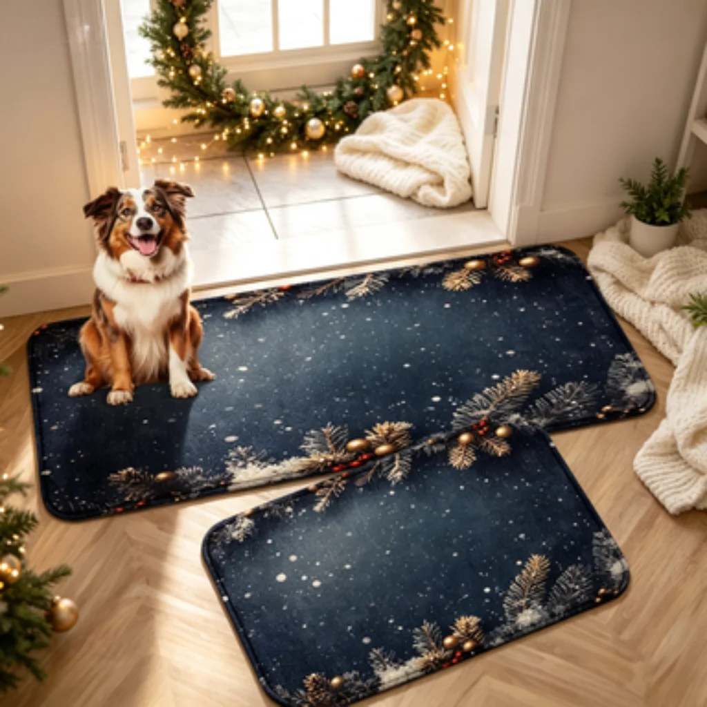 Navy Pine Branch Star Christmas Mat, Light Blue Snowflake Snowman Doormat, Santa Claus Christmas Vibes Small Rug.