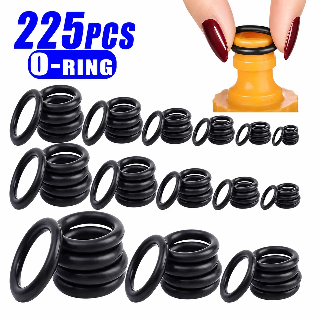 225pcs O-Ring Kit: Durable Rubber Seals for Automotive & Machinery, Ideal for Plumbing - Oil & Water Resistant, Assorted Sizes