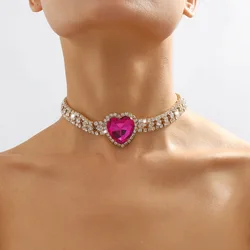KMVEXO Fashion Bling Rhinestone Rose Heart Pendant Choker Necklace for Women Crystal Wedding Party Statement Jewelry Wholesale