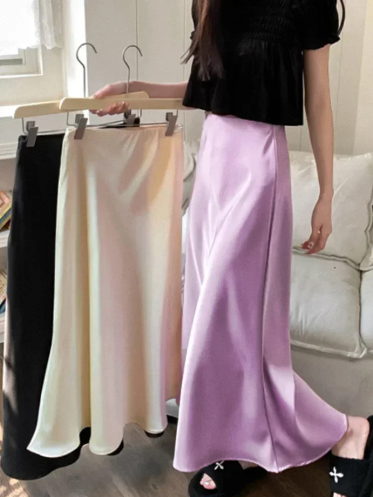 Elegant Women's Skirts High Waist Silk Satin A-line Skirt Lady Fashion Solid Color Purple Long Skirts for Women Fashion 2024