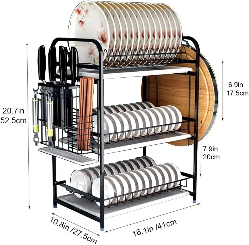 Sink Dish Drying Rack, 3-Tier Large Dishes with Removable, 304 Stainless Steel, Drain & Dry Plates Bowls Cups, Kitchen Rack