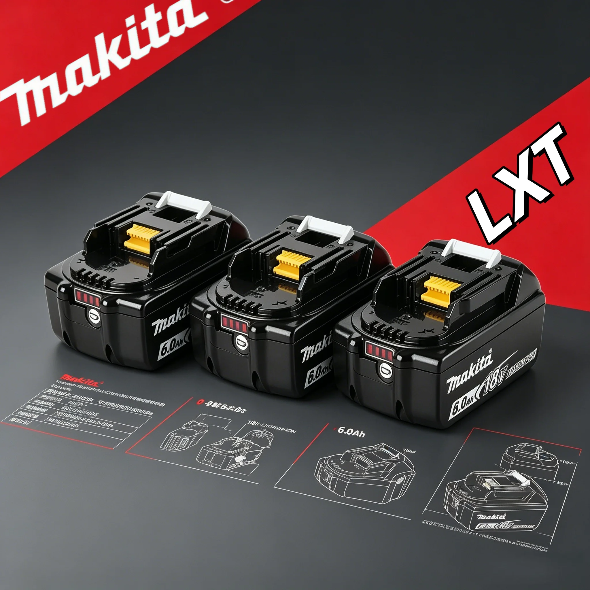 Low Self-Discharge 18V 6000mAh Makita Battery, Long Cycle Life Rechargeable Pack Fully Compatible with BL18 LXT Cordless Tools