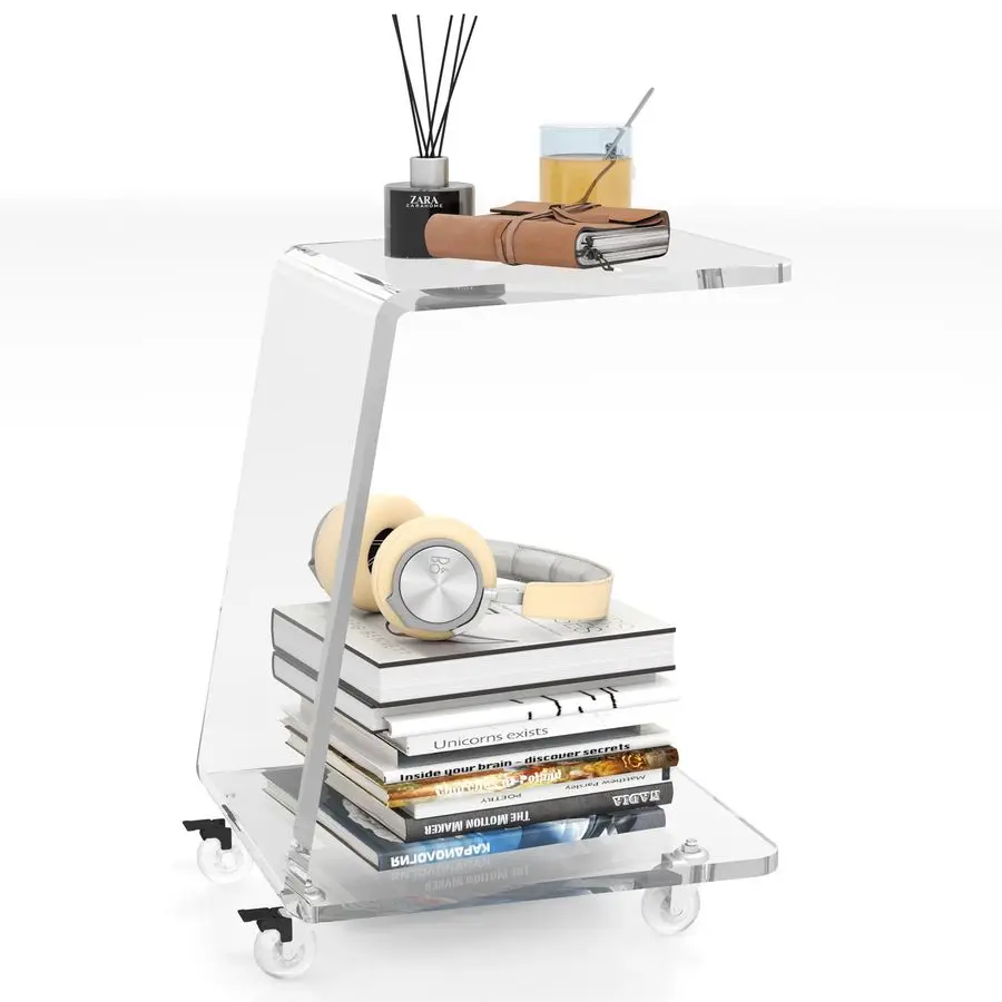 

Acrylic Side Table, Mobile C Shaped End Table for Sofa, Invisible Style Nightstand Drink Tables Snack Rolling Cart Unique Stable