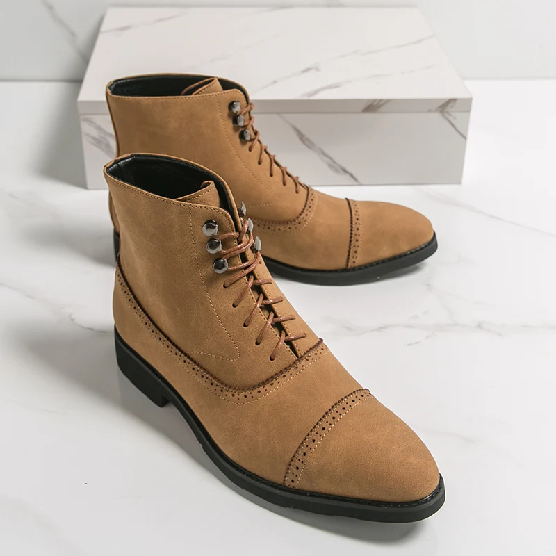 

Classic Fashion Brown Men's Ankle Boots Plus Size 46 Pointed Leather Boots Men High-top Dress Shoes for Man botines para hombre