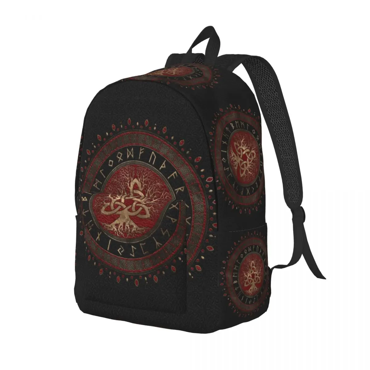 Tree Of Life With Triquetra Black Red Leather And Gold Travel Canvas Backpack Laptop Bookbag Viking Norse Yggdrasil Daypack Bags