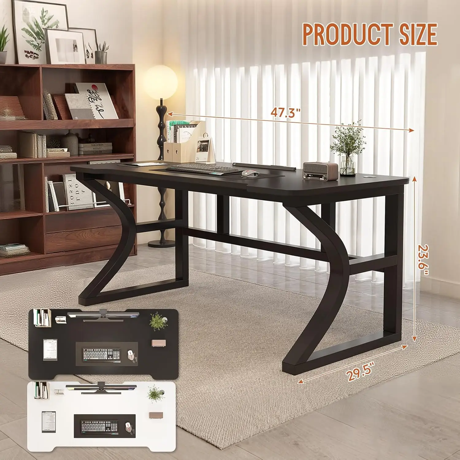 مكتب كمبيوتر مقاس 47.3 بوصة، مكاتب مكتبية منزلية، مكتب صغير لغرفة النوم، طاولة عمل للدراسة مع منافذ شحن USB باللون الأسود