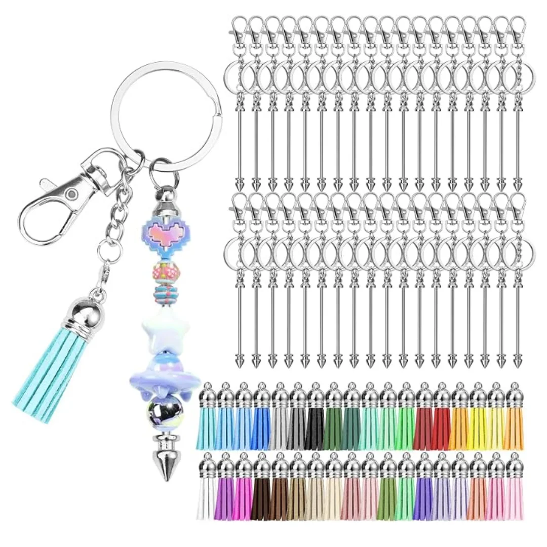 72 Pcs Beadable Keychains Bars, Included 36Pcs Silver Beadable Keychains Bars Bulk Blank for Keychain Making and 36Pcs Colorful