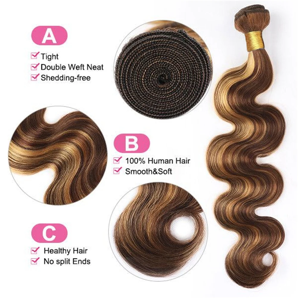 Extensões de cabelo humano louro mel, pacote com 13x4 fechamento frontal do laço, onda do corpo, destaque, 4 27 cores, 3