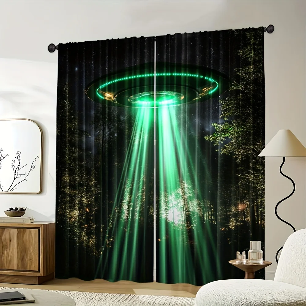 UFO Alien Spaceship Curtain, Green Beam Forest Night Window Drape, Sci-Fi Mystery Decor for Boys Room, Blackout Fabric