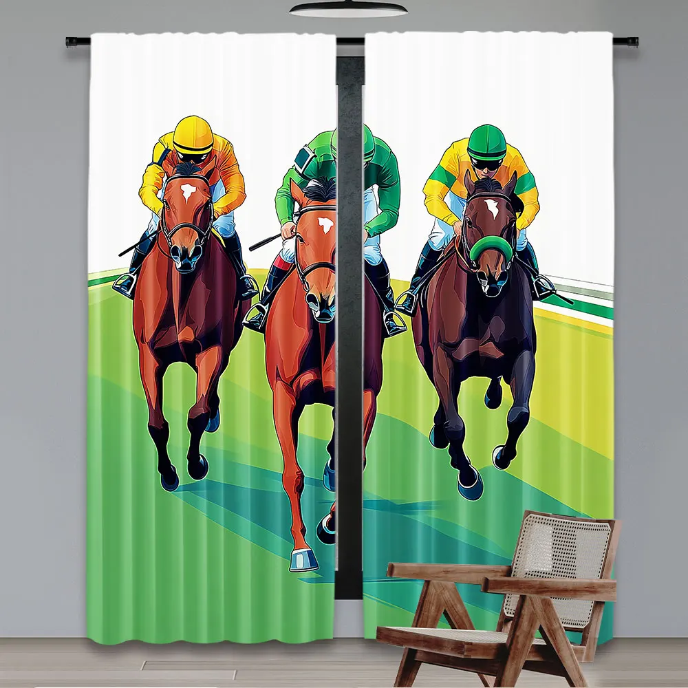 2Pcs Horse Curtain Vibrant Colorful Competitive Scene With Jockeys Racing Horses Equine For Bedroom Living Room And Dining Room