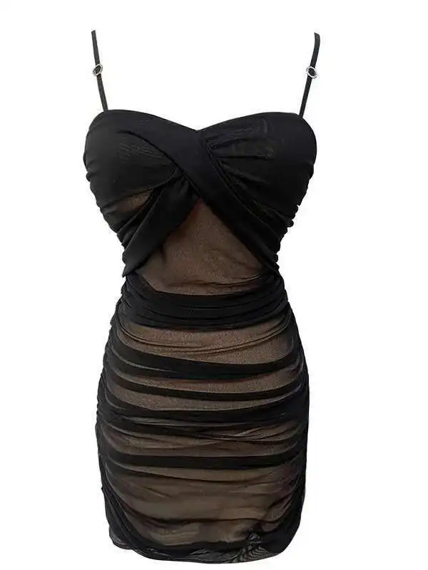 WOMENGAGA Sexy Hot Girl Doppel Schicht Mesh Low Cut Plissee Kurze Enge Kleid Elegante Mesh Sheer Sexy Frauen Tops 2023 Neue D8TC