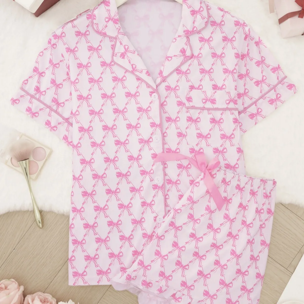 

2026 New Women's Cardigan Lapel Summer Loose and Comfortable White Background Bow Pajama Set