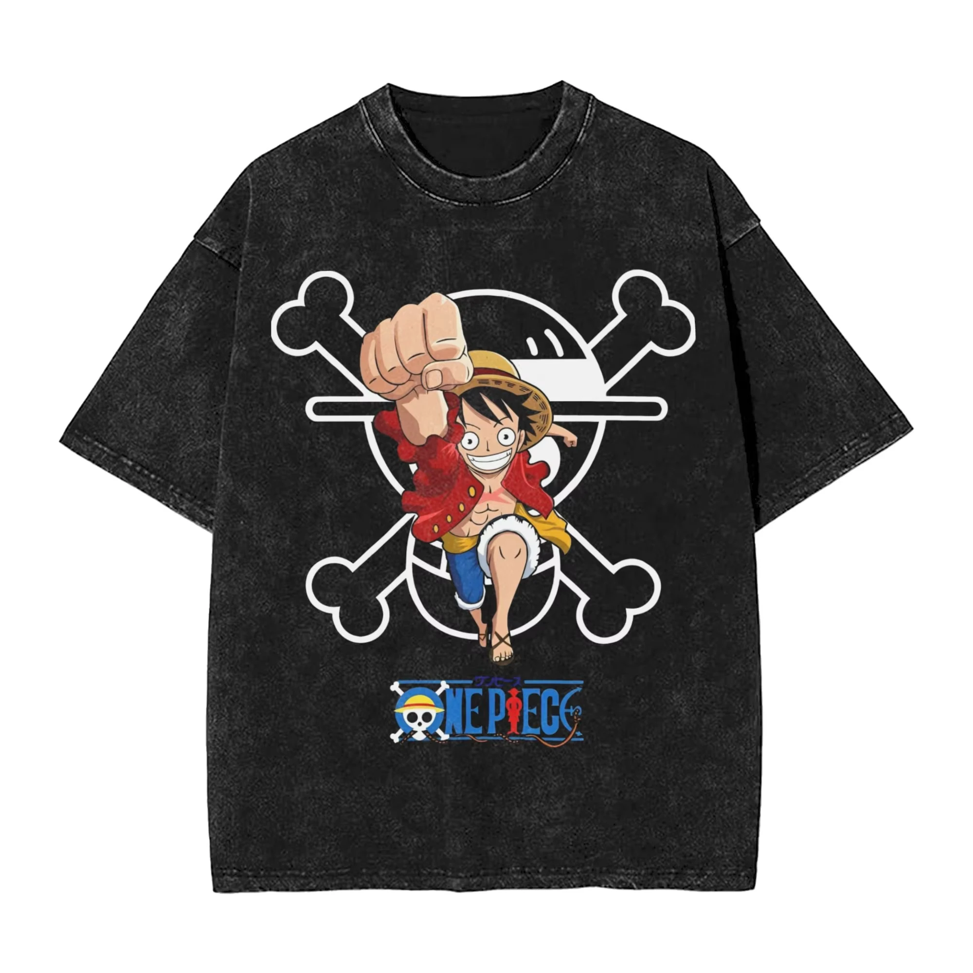 Camiseta con estampado con dibujo de One Piece de Anime en algodón lavado, ropa de calle Unisex, manga corta lavada Vintage de gran tamaño