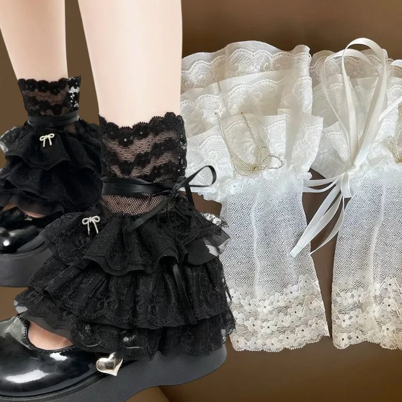 

Sweet Lace Bow Fingerless Gloves Multideck Wrist Cuffs Ruffled Floral Lace Elastic Sleeve Cover Leg Covers Girls Leg Covers
