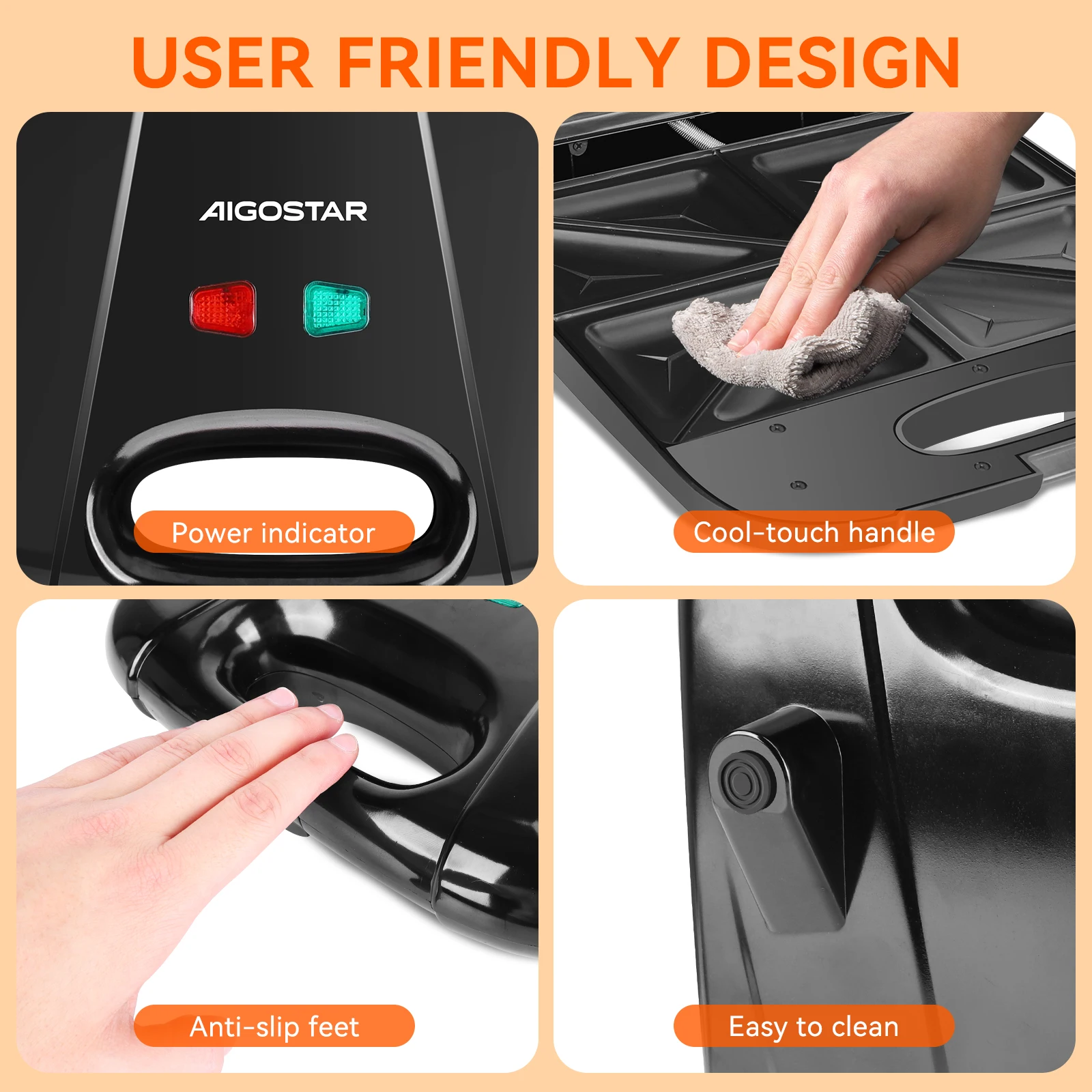 ماكينة صنع الساندوتشات XXL مع مؤشر ليد ، طلاء لا يلتصق ، تسخين سريع ، تحكم أوتوماتيكي في درجة الحرارة ، تخزين رأسي ، خالي من بيسفاط بيسفاط ، من دبليو