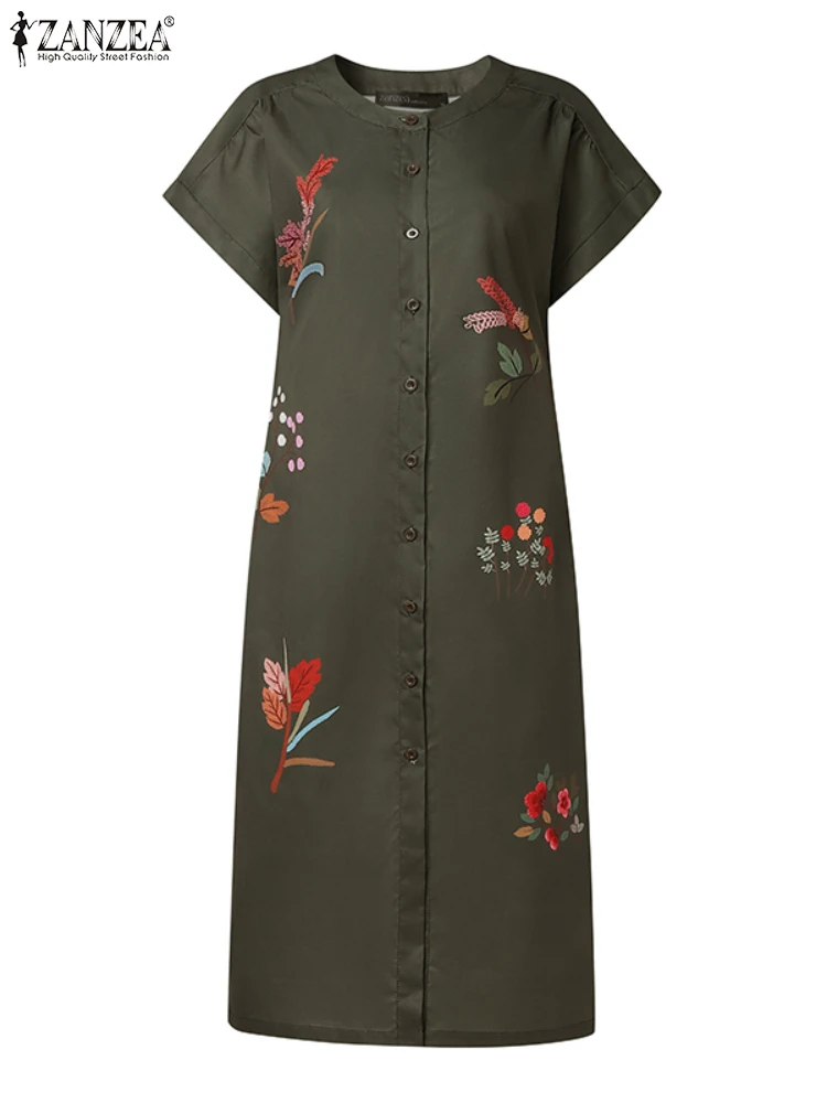 ZANZEA Damskie sukienki midi w kwiatowe wzory, eleganckie sukienki z dekoltem typu O, krótkim rękawem, zapinane na guziki, dopasowane, wiosenno-letnie ubrania damskie, rozmiar 3XL