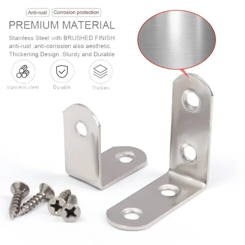 90 Degree L Joint Brackets Stainless Steel Angle Connectors Corner Brace Furniture Wood Shelf Door Cabinet Fastener with Screws