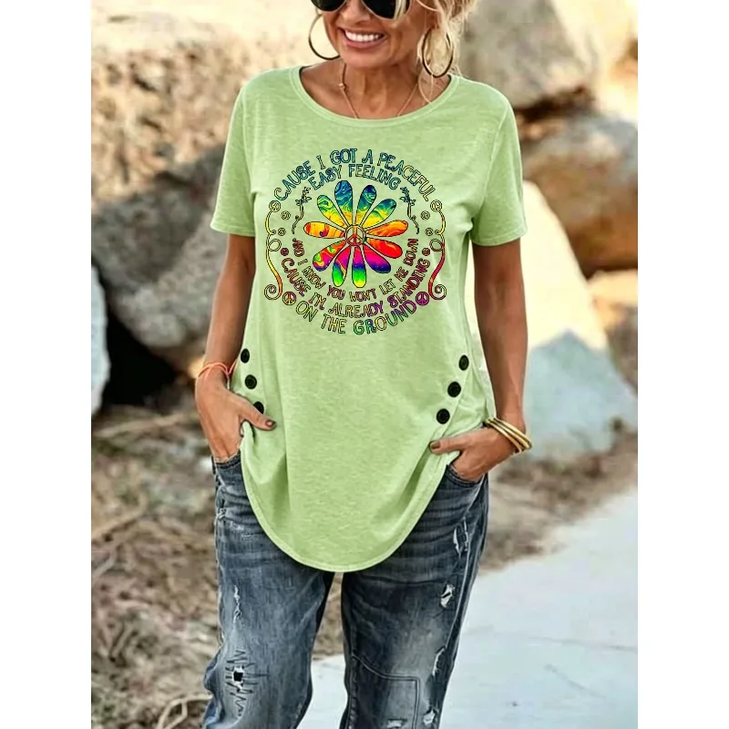 ilstile Women's Vintage Flower Print T-Shirts Summer Hippie Short Sleeve Casual Loose Round Neck Tops White Green Tees NEW