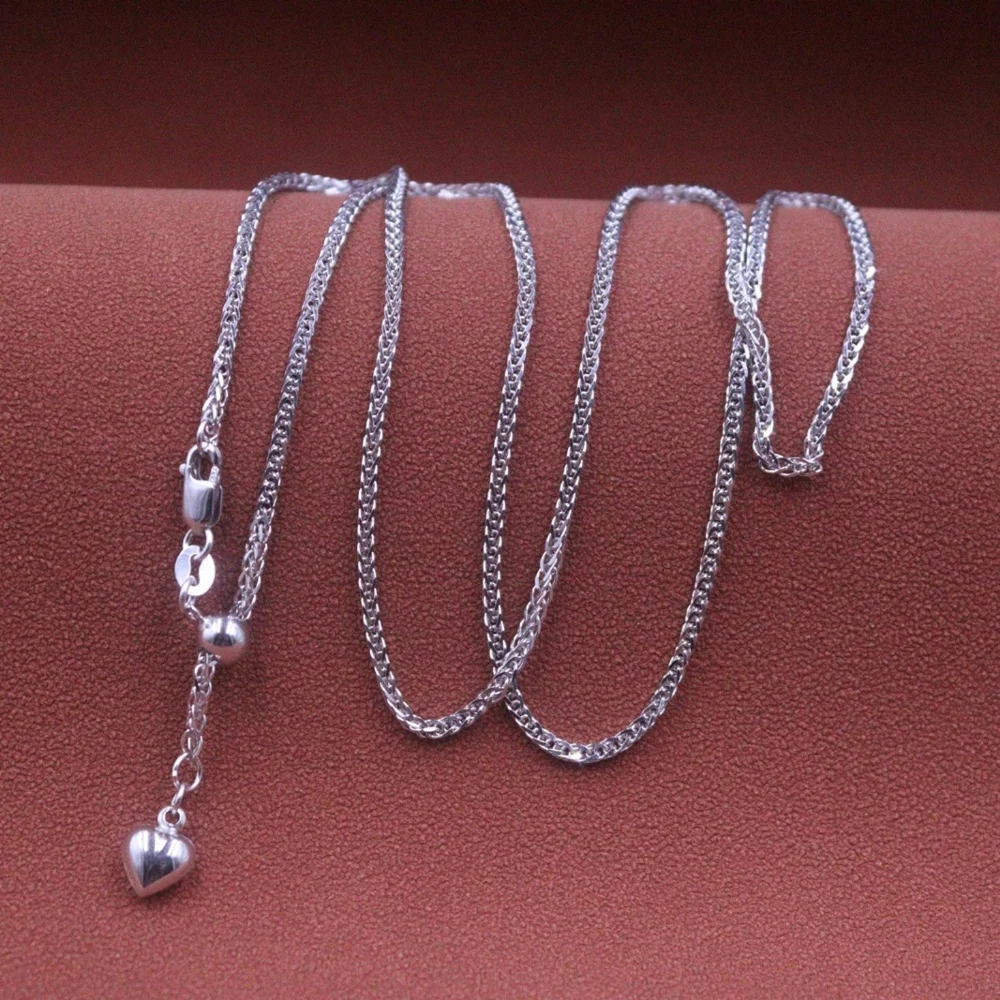 Real Pure 18K White Gold Chain Lucky Heart 1.6mm Wheat Necklace 6.3-6.5g /50cm