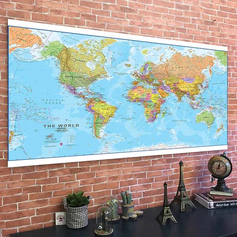 The World Map in English Hanging Picture Wall Art Globe Poster Non-Woven Canvas Painting School Supplies Decoration 150*100cm