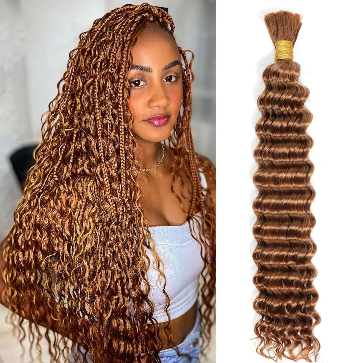 #30 Ginger Brown Human Hair Bulk for Braiding 16-24 inch Deep Wave Jerry Curly Boho Braids Hair Bulk Extension Bobbi Hair