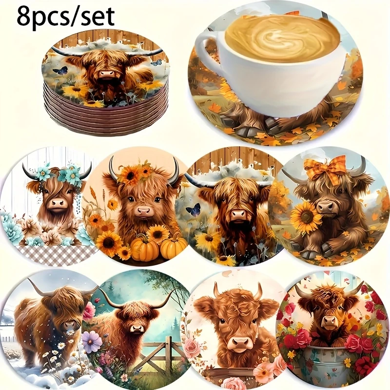 2D Retro Cartoon Highlands Kuh Holz Getränke Tasse Matte Hitzebeständige Anti-Slip Desktop Dekorative Untersetzer Familie Partys geschenke