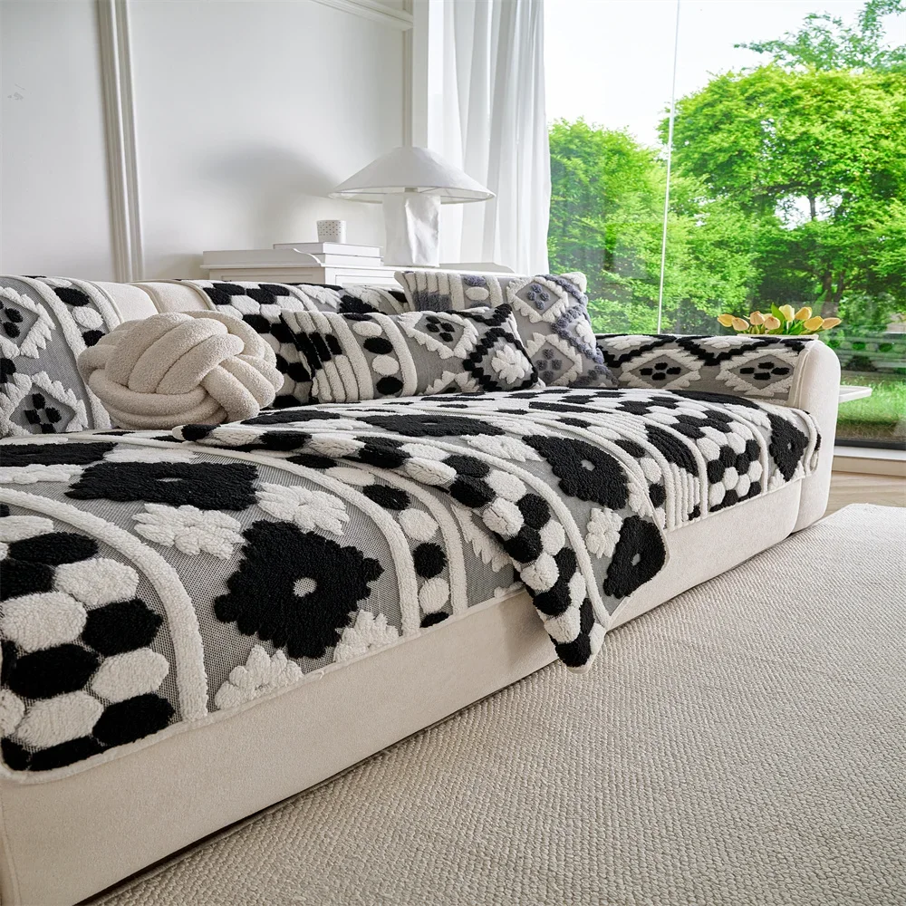 Retro Chenille Sofa Cushion Cover Universal Non-Slip Fixed Straight Row All-Seasons Slipcover for Home Comfort