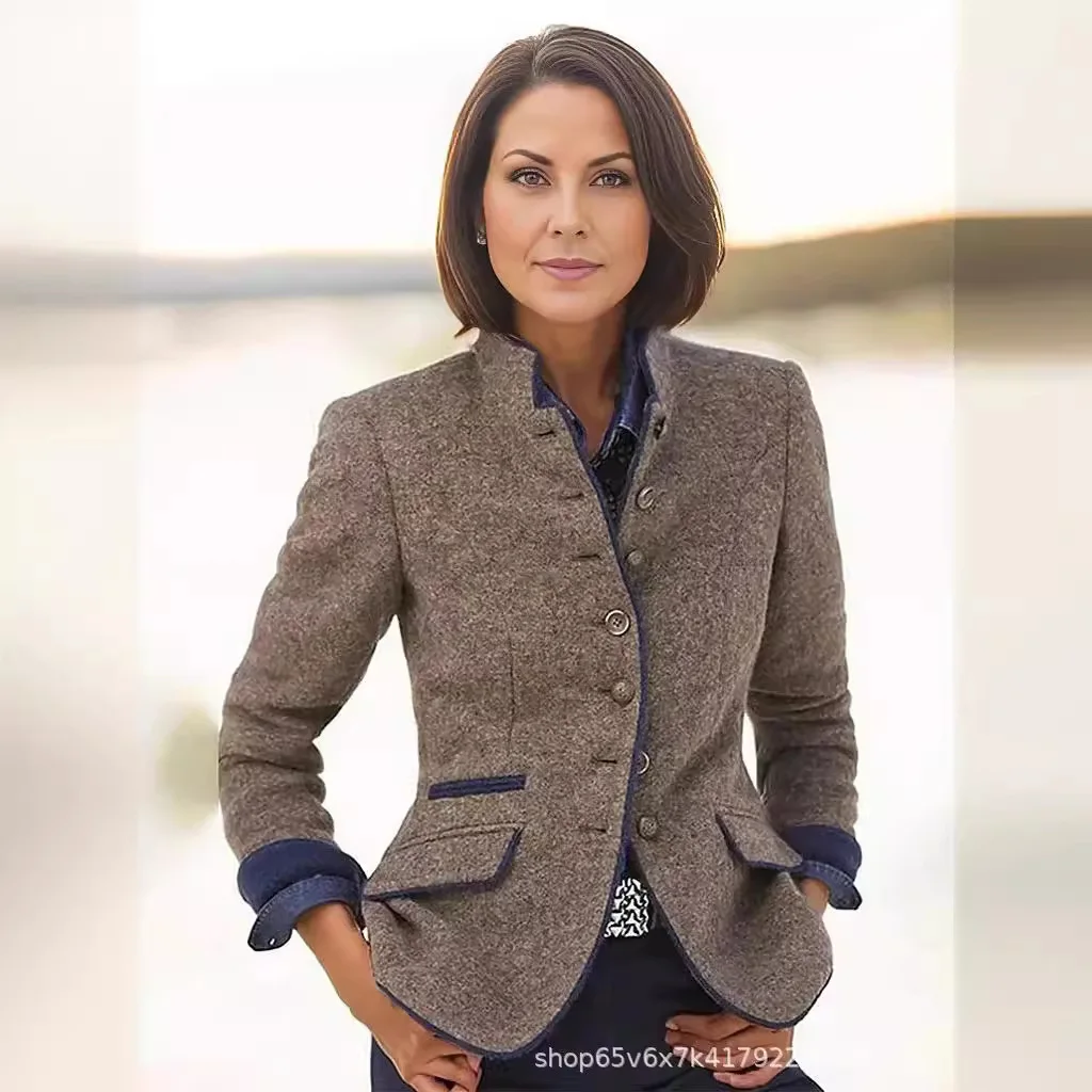 2025 European and American Casual Button Color Matching Spring New Women's Woolen Jacket