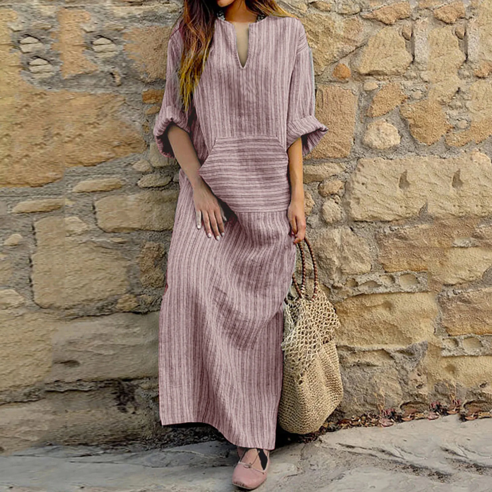 

Women Dress Loose Summer Long Yarn-Dyed Fashion Dresses Striped Dress Formal Pretty Sexy Elegant Party Vestido