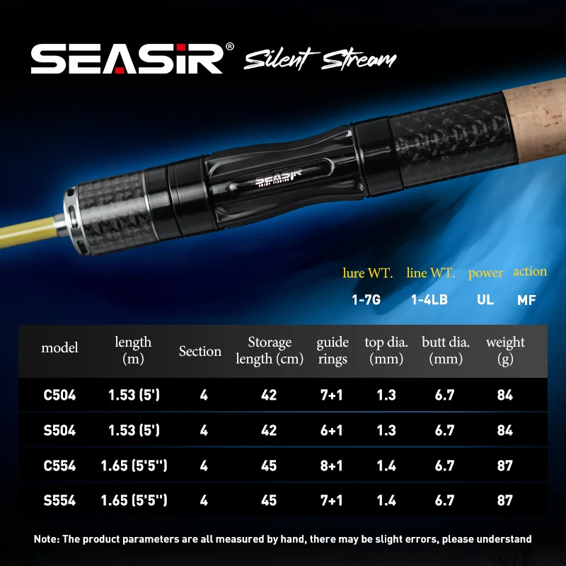 Seasir Silent Stream Fishing Rod Carbon Fiber UL Power 1.53/1.65M Spinning Casting Lure Rods 4 Sections Travel Rod