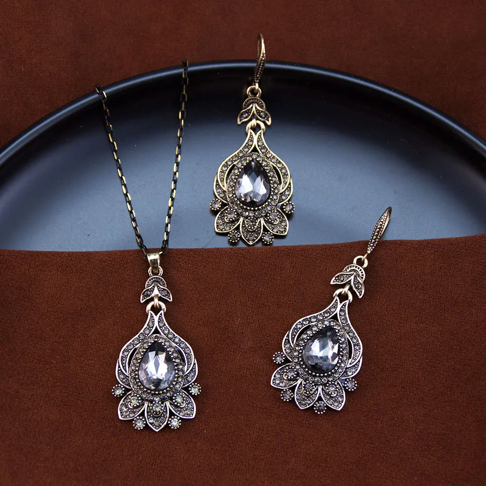 Sunspicems Vintage Women Earrings Necklace Jewelry Turkish Four Leaf Grass Style Pendant Antiqeu Gold Color Bohemia Bijoux view 4
