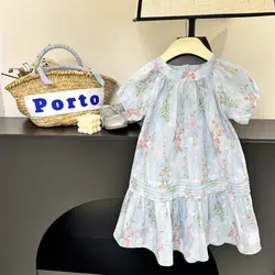 Girls Casual Dresses Flower Print Puffed Sleeve Short Sleeve Dress Kids Clothes for Girls Summer Dress Kids Dresses for Girls