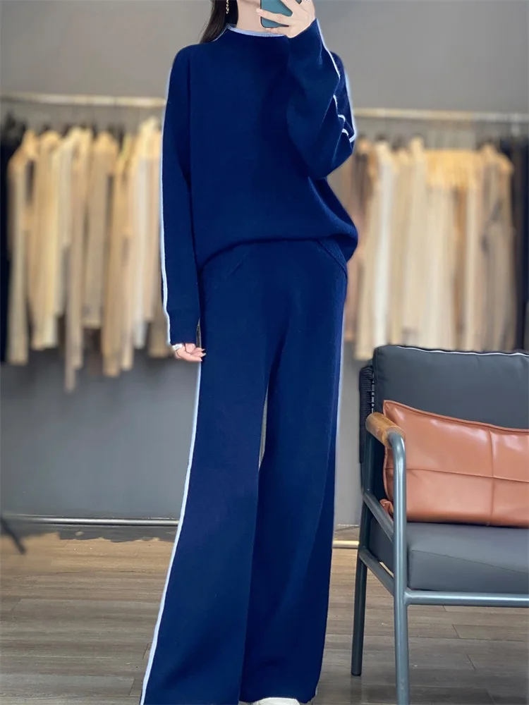

Women's matching set 100% Merino wool MOCK collar sweater elastic waist pants two-piece set knit casual loose women's clothing