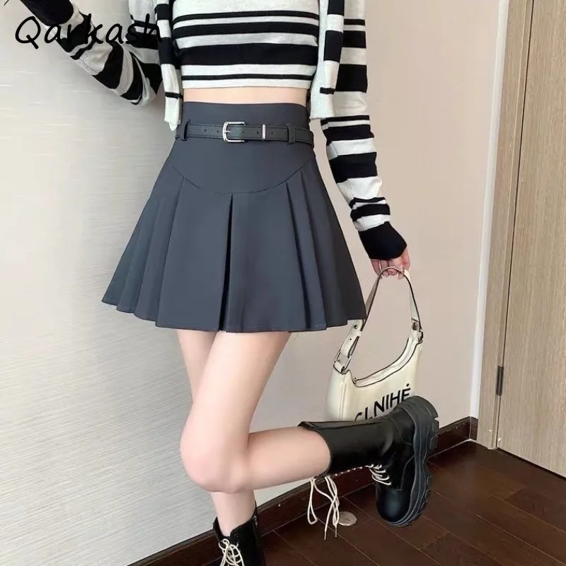 

Skirts Women Preppy Style Solid Students Sweet Hot Girls Solid Slim Pleated Belt A-line High Waist Elegant Korean Popular Daily