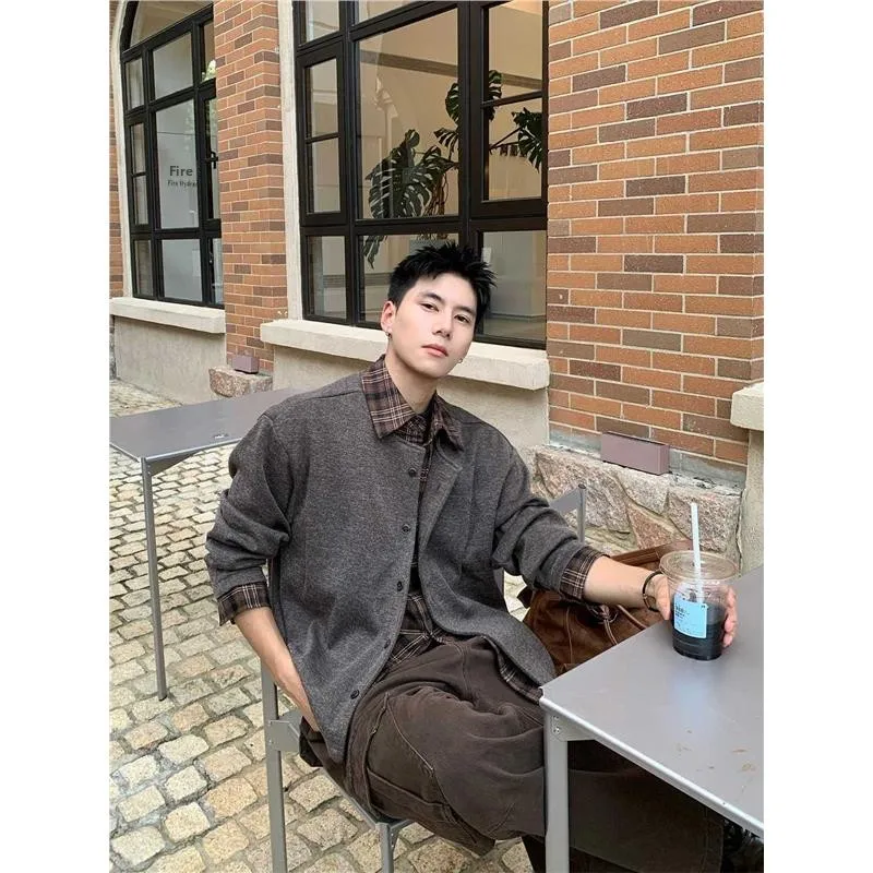 

Мужская вязаная куртка-рубашка в корейском стиле с воротником, имитация двухслойности, повседневный крой, из искусственной кожи, для ранней осени и весны