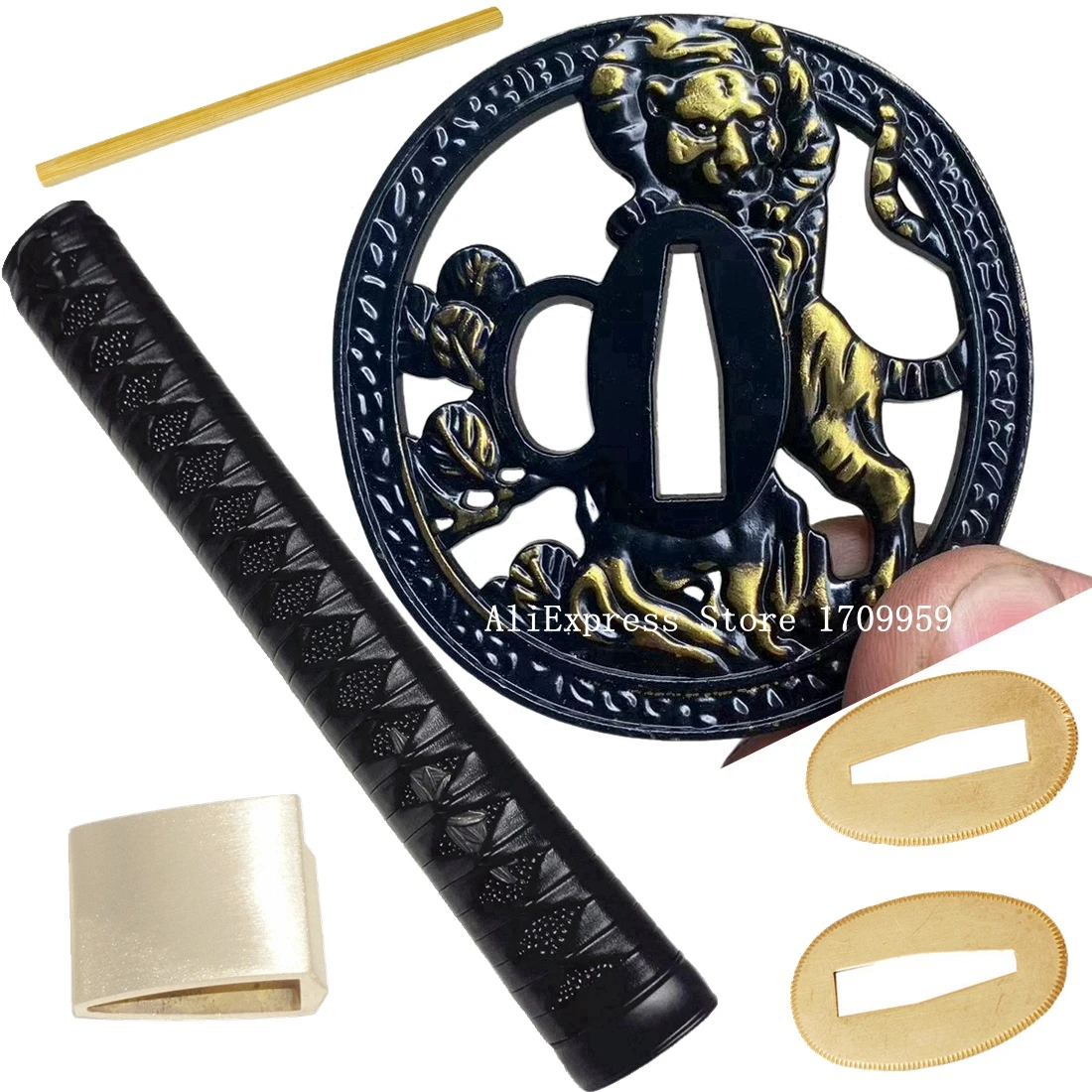 26CM Leather Ito Handle Tsuka Japanese Sword Samurai Katana Fully Fittings Set Alloy Tsuba Menuki Fuchi Kashira Habaki Seppa