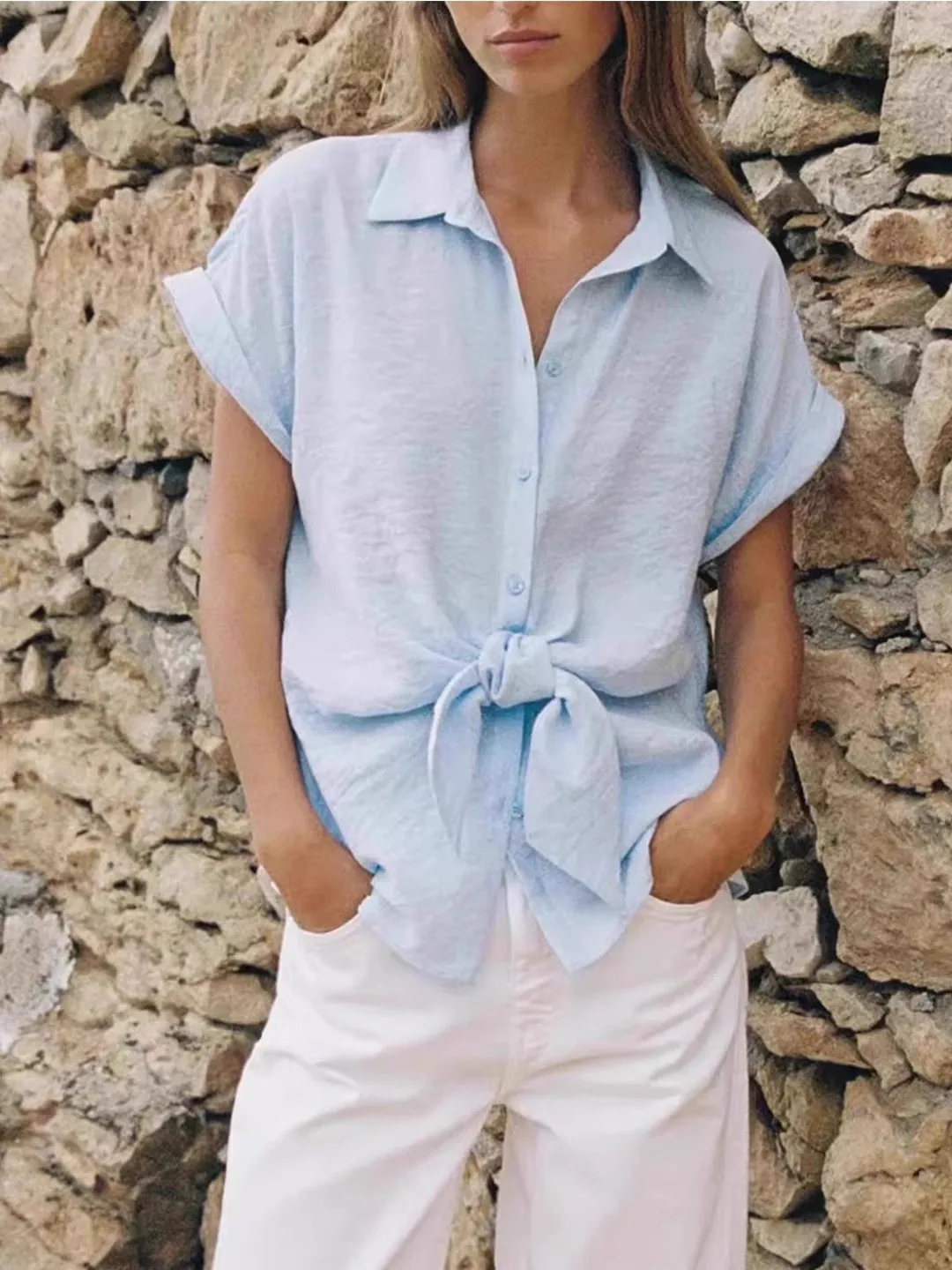 

Summer 2025 Women's Casual irt ort Sve Turn-down Collar Knot Decoration Comfortable Fit Faion Knot Design