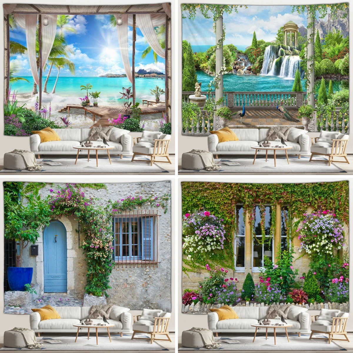 

Outdoor Garden Landscape Poster Tapestry Vintage Mediterranean Townscape Polyester Fabric Bath Curtain Bathroom Decor With Hooks