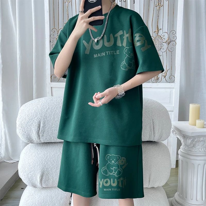 

Летний повседневный спортивный комплект для мужчин 2024: новые утяжеленные брюки-капри и футболка в молодежном стиле