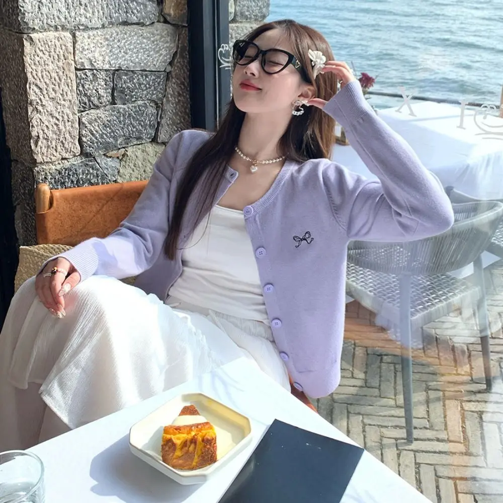 Maglioni all'uncinetto con fiocco solido primaverile cardigan larghi a maniche lunghe donna Y2K stile preppy autunno primavera dolce maglieria streetwear