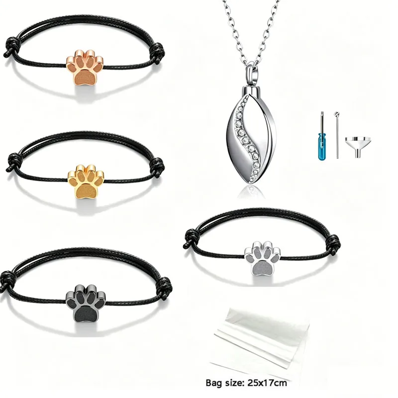 

Pet Paw Print Memorial Urn Bracelet & Necklace, Stainless Steel Cremation Jewelry for Dog Cat Ashes with Filling Kit