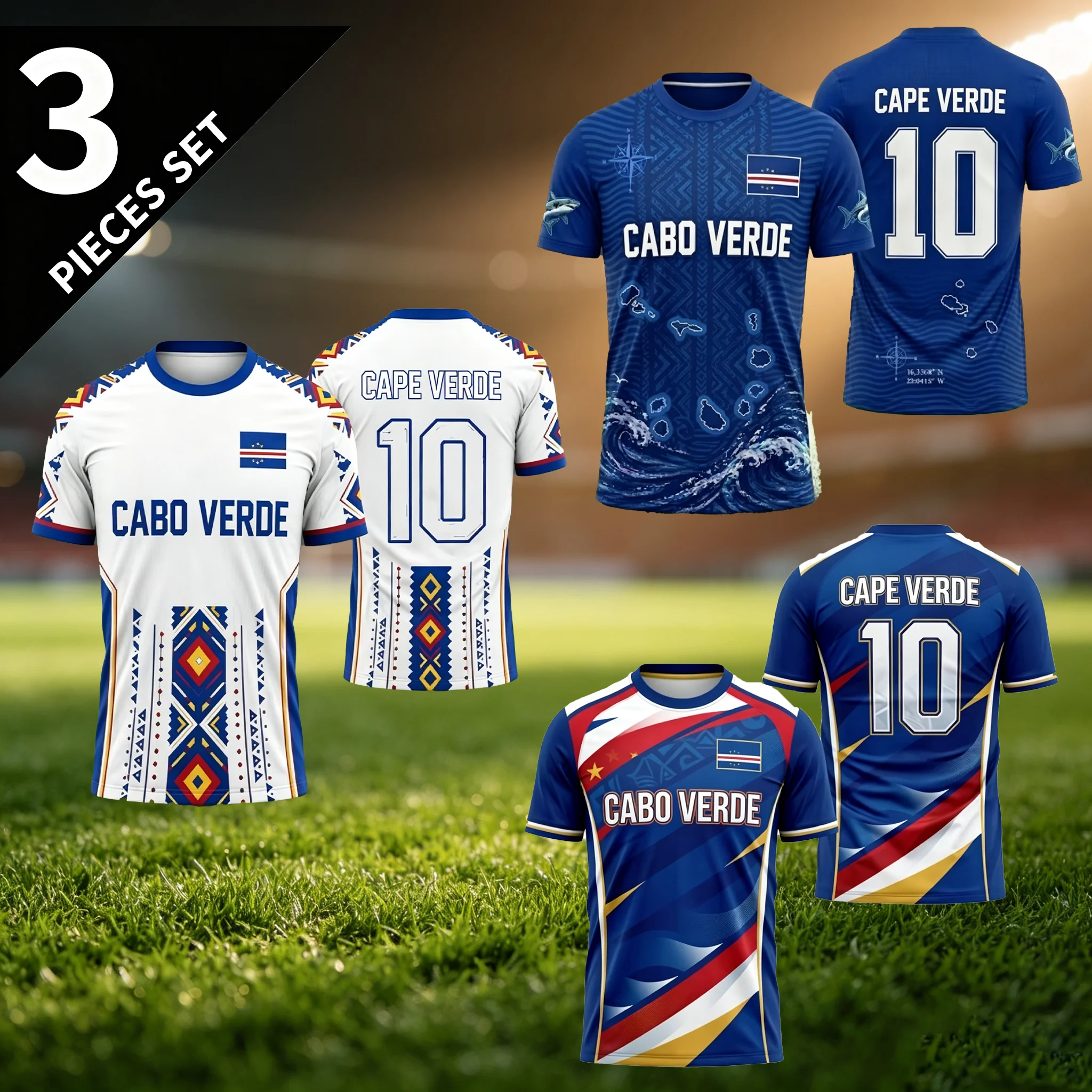 Cape Verde Flag Print Football Tee, Short Sleeve Light Breathable Quick Dry Sports Jersey, Single Or 3-Piece Bundle Available