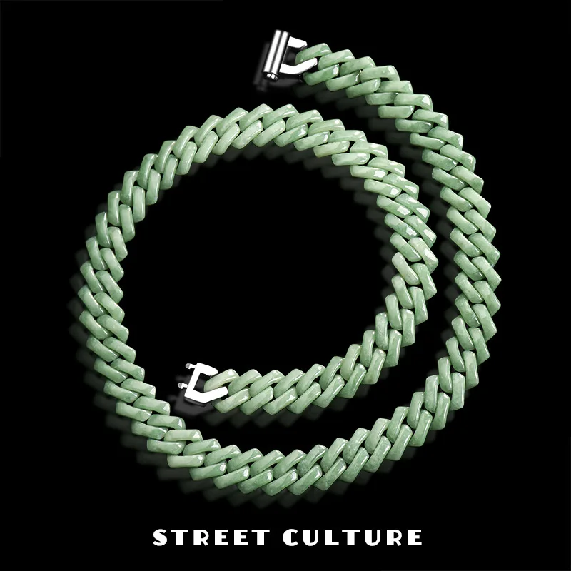 

Natural A-grade Jade Green Diamond Cuban Chain Bracelet Necklace Titanium Steel Hip-hop Style Trendy Jewelry Drop Shipping