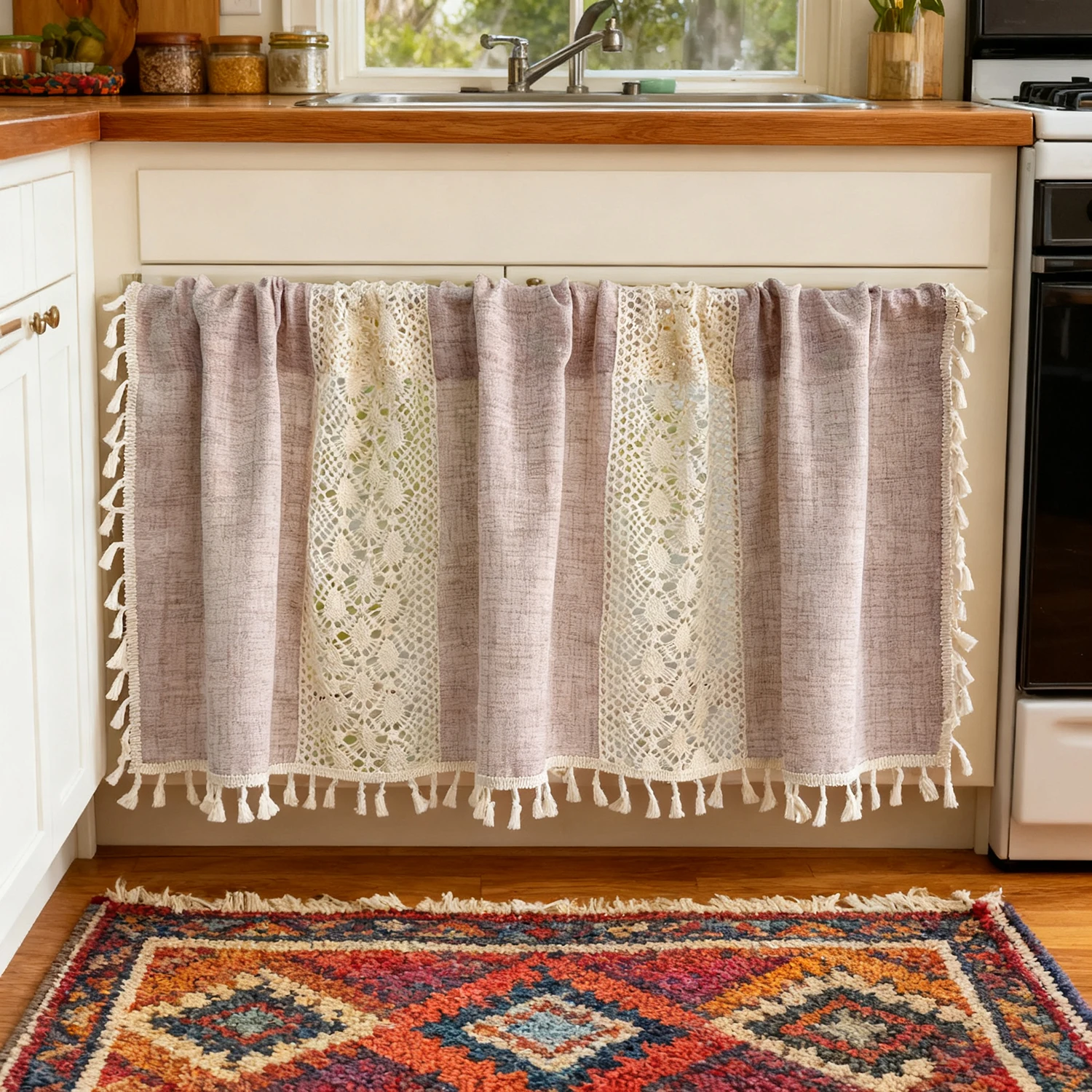 

Bohemian Crochet Lace Kitchen Curtain with Tassel Trim, Spliced Design Boho Curtains for Window Panel Light Filtering Drape